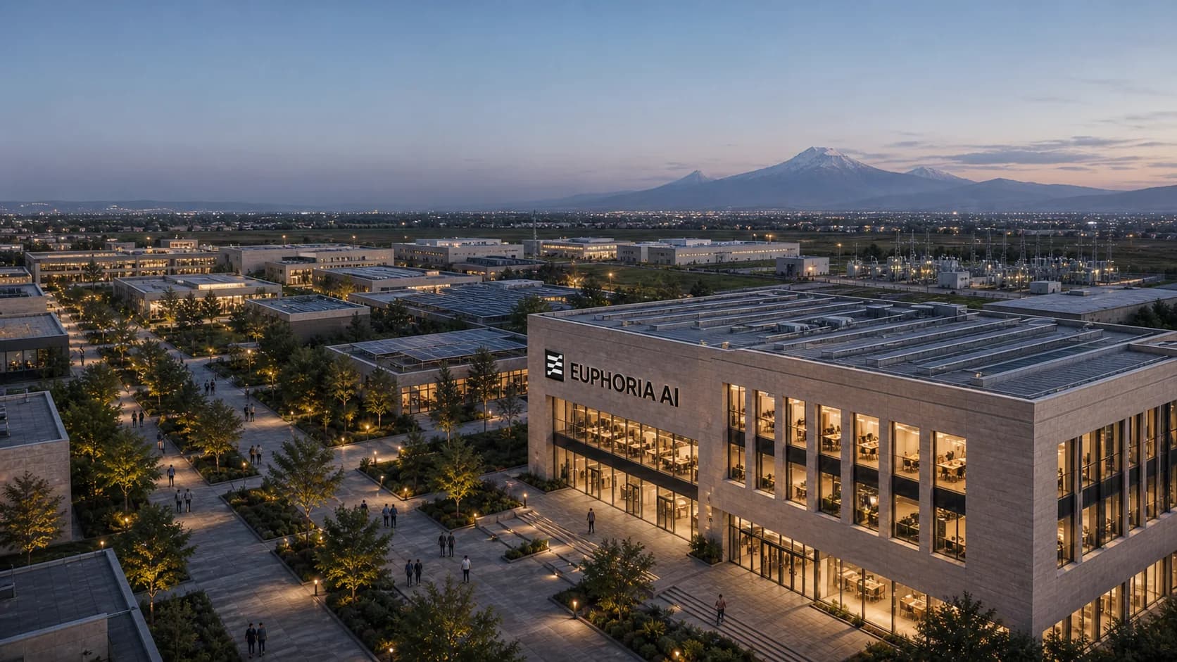 Dusk view of the Euphoria AI campus, warm interiors glowing against the Armenian highlands and Mount Ararat.