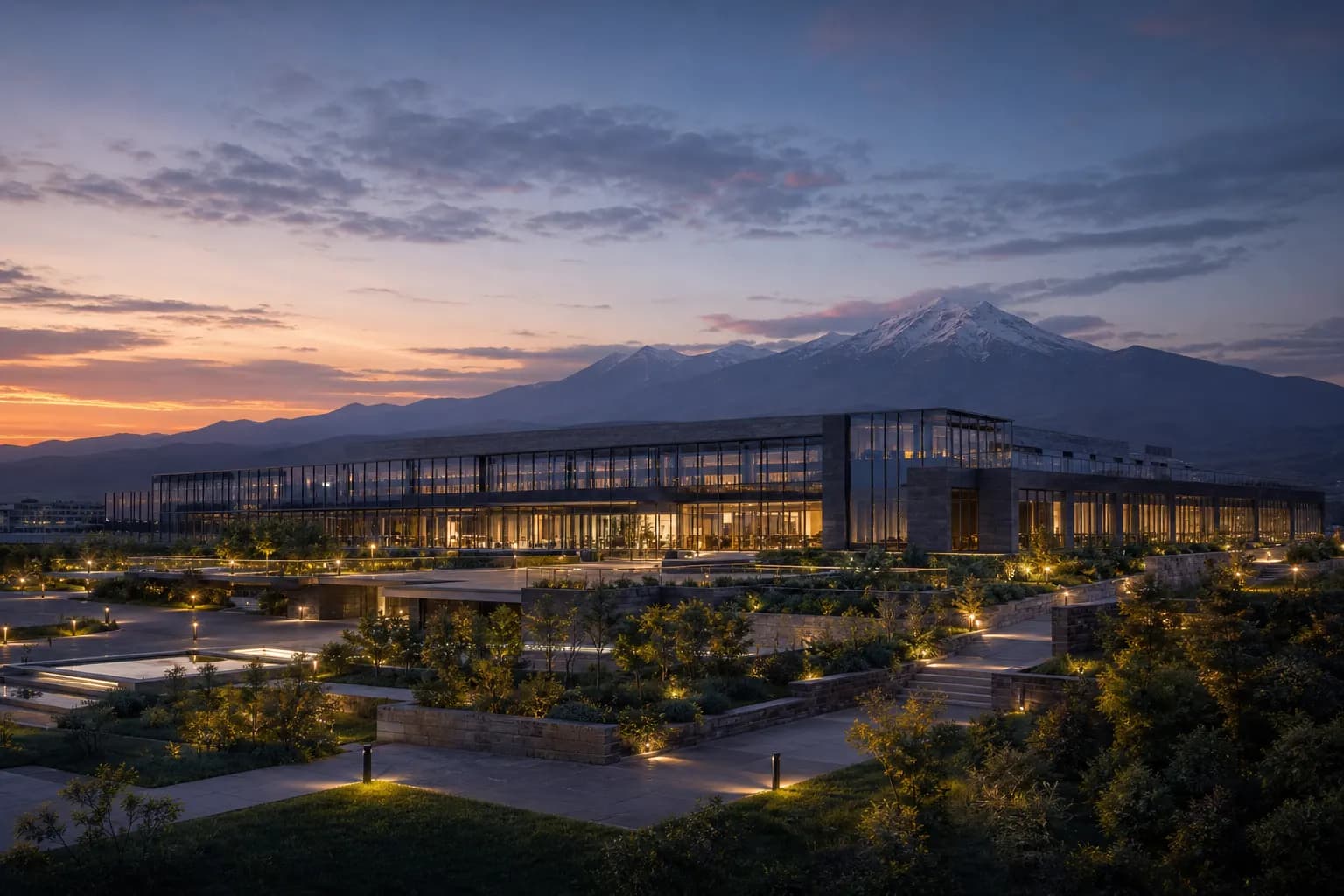 Dusk architectural visualization of a glass-and-basalt science campus in the Armenian highlands.
