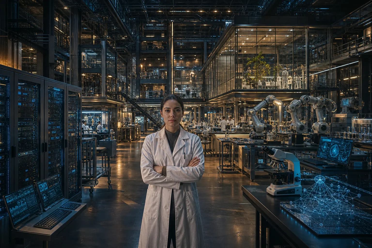 A scientist at the center of compute cabinets, robotic benches and glass laboratories.