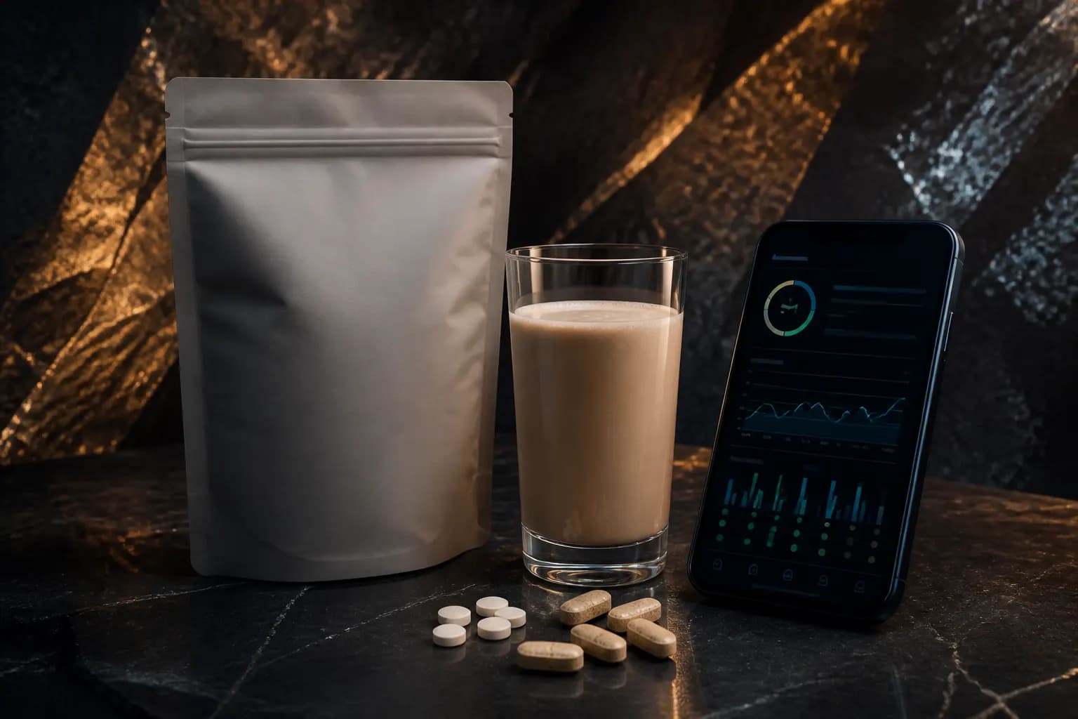 Unbranded nutrition pouch, drink, microtablets and a dark phone on a graphite table.