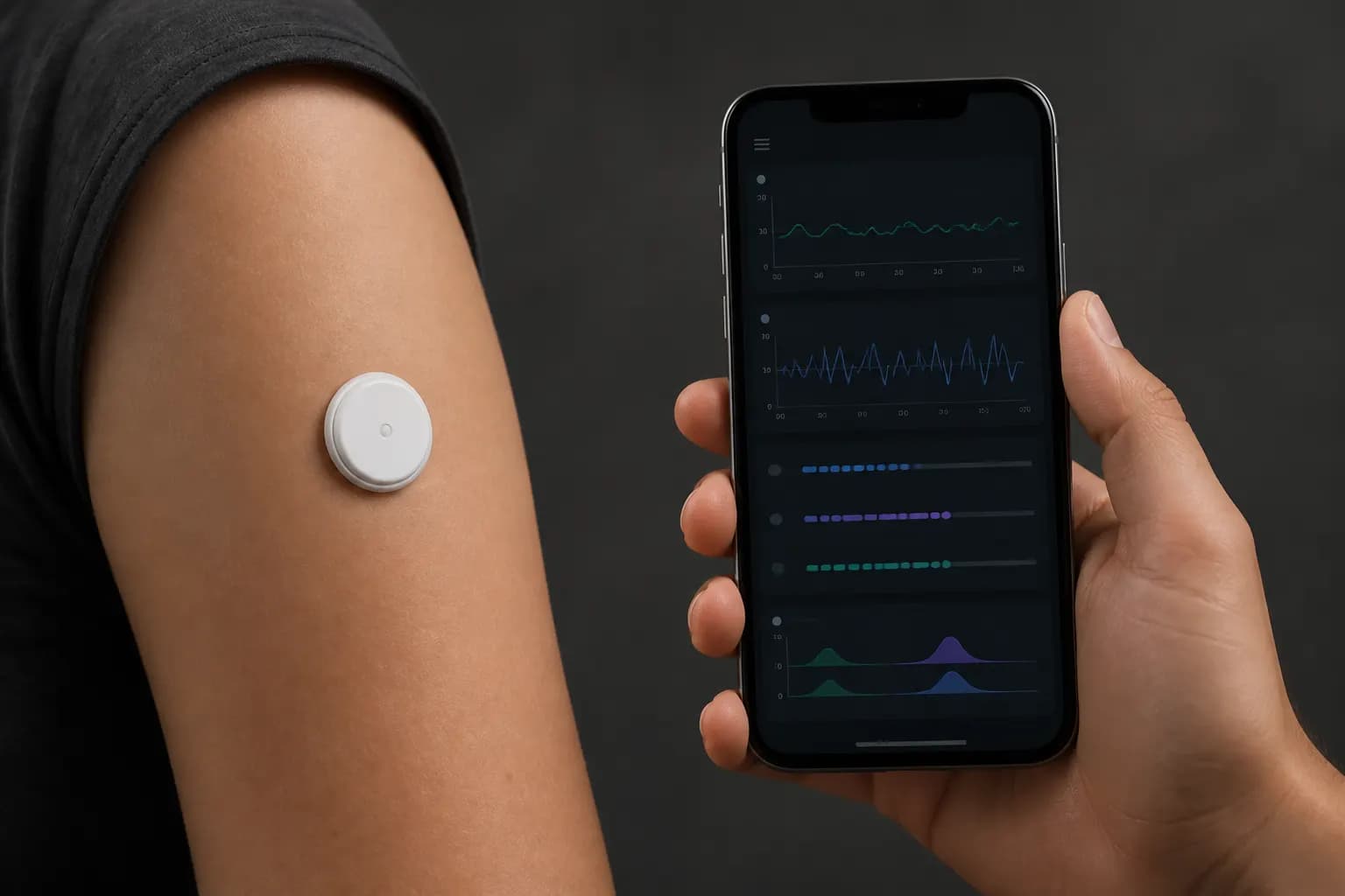 Circular upper-arm biosensor patch beside a smartphone showing molecular traces.