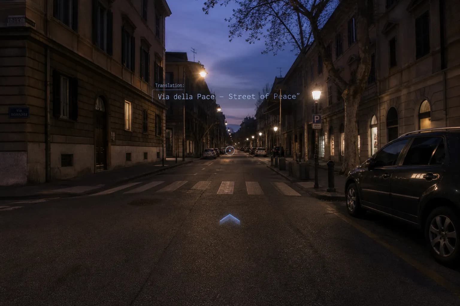 First-person dusk street with an extremely subtle overlay, as if through a contact lens.