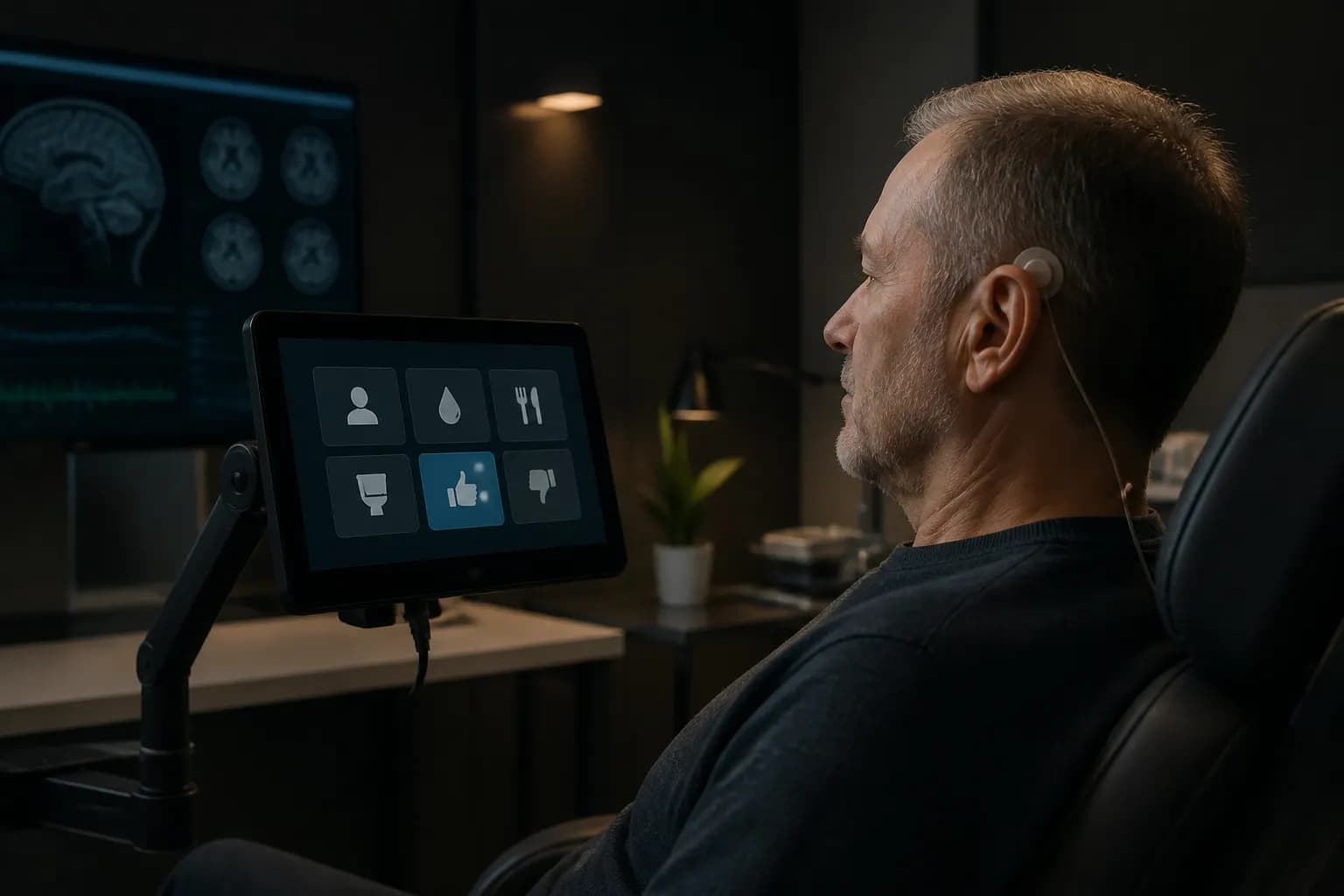 Clinical research setting where a neural interface is used for communication.