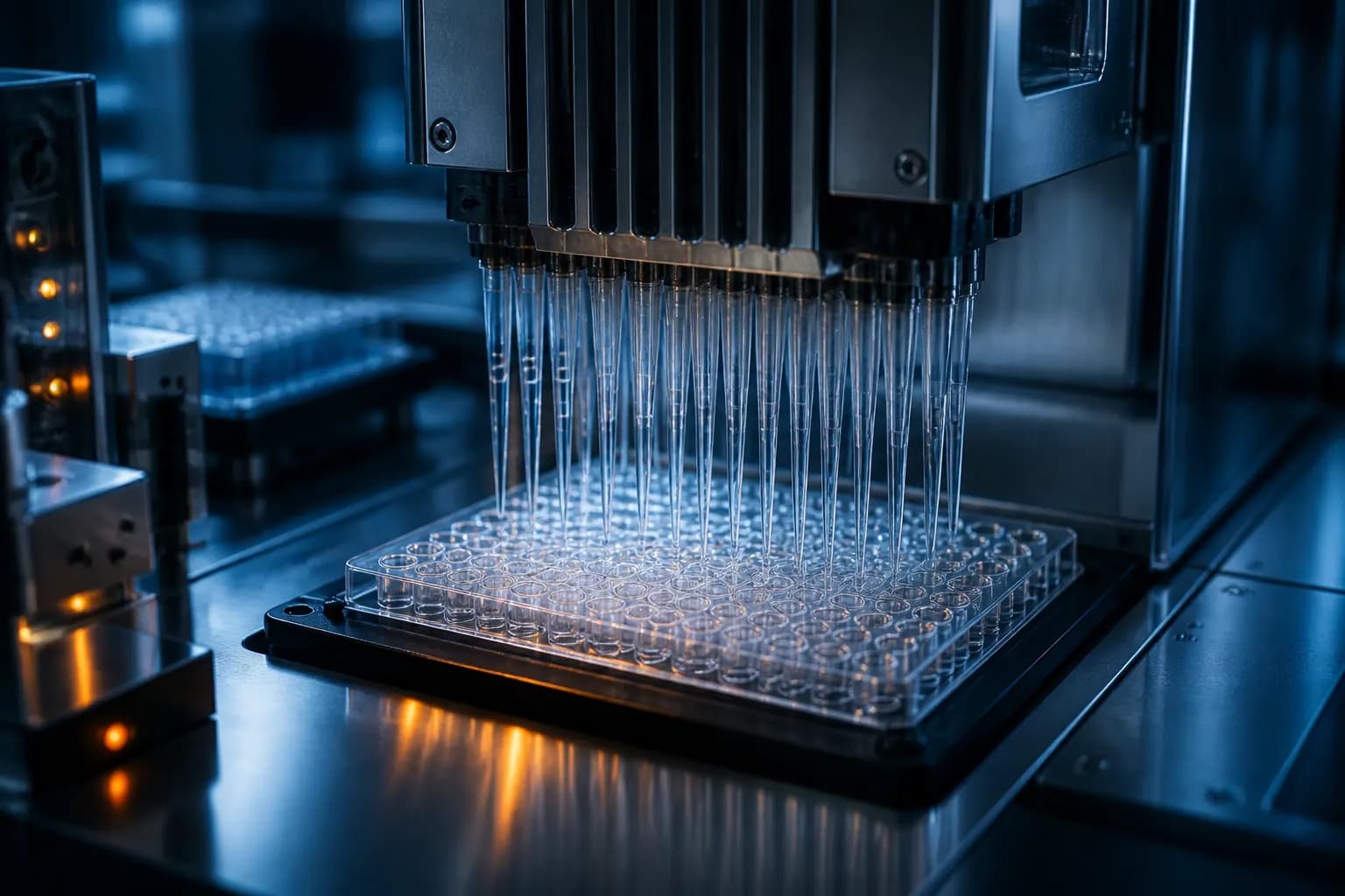 Robotic pipette working a high-density assay plate.