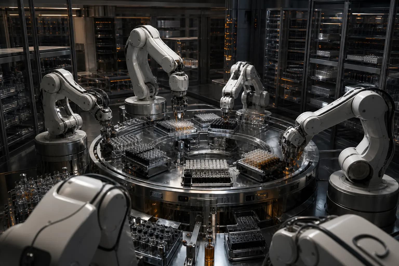 White robotic arms working a circular sterile laboratory with vials and assay plates.