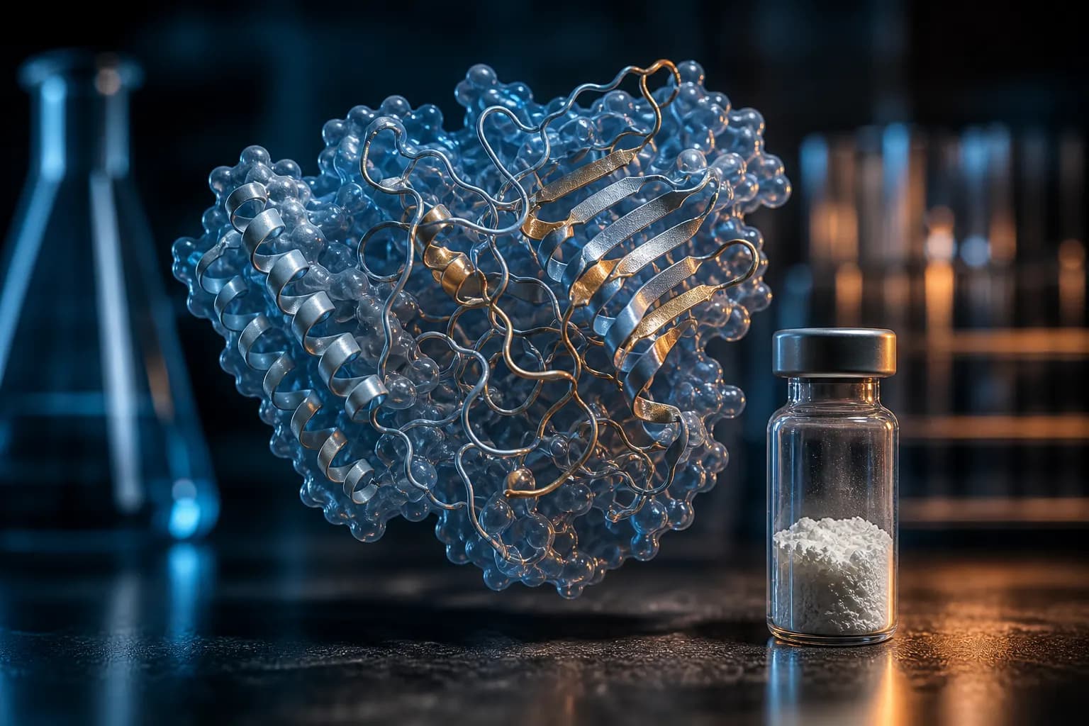 Molecular model of a designed protein beside a physical vial.
