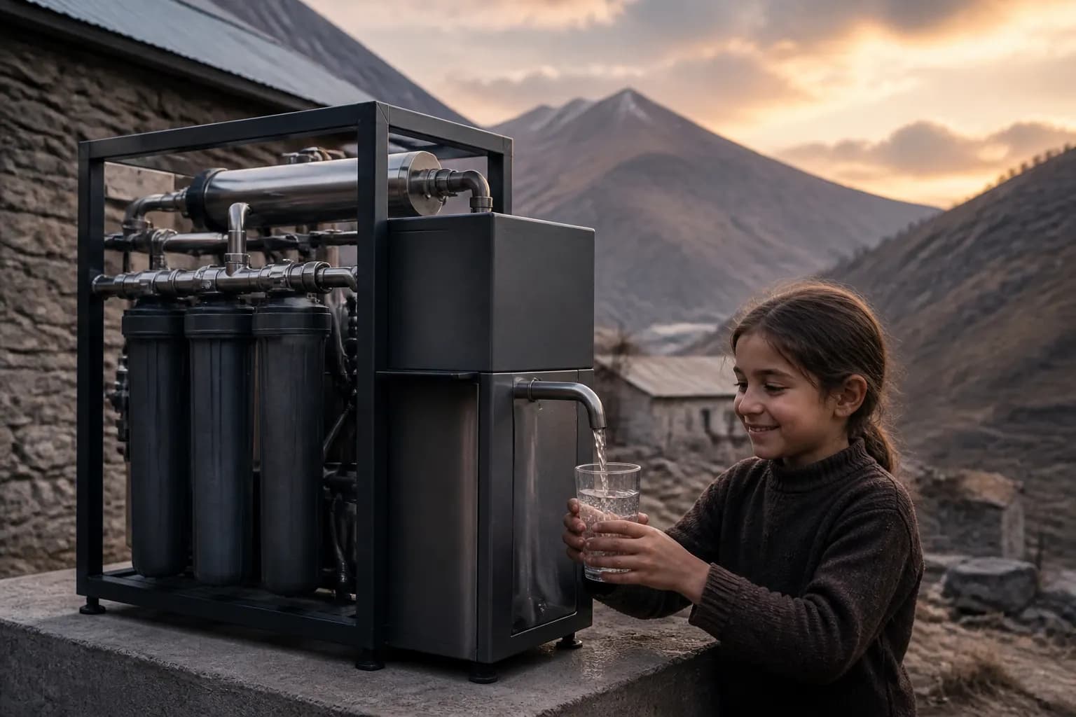 Compact modular water system in a highland landscape at dusk.