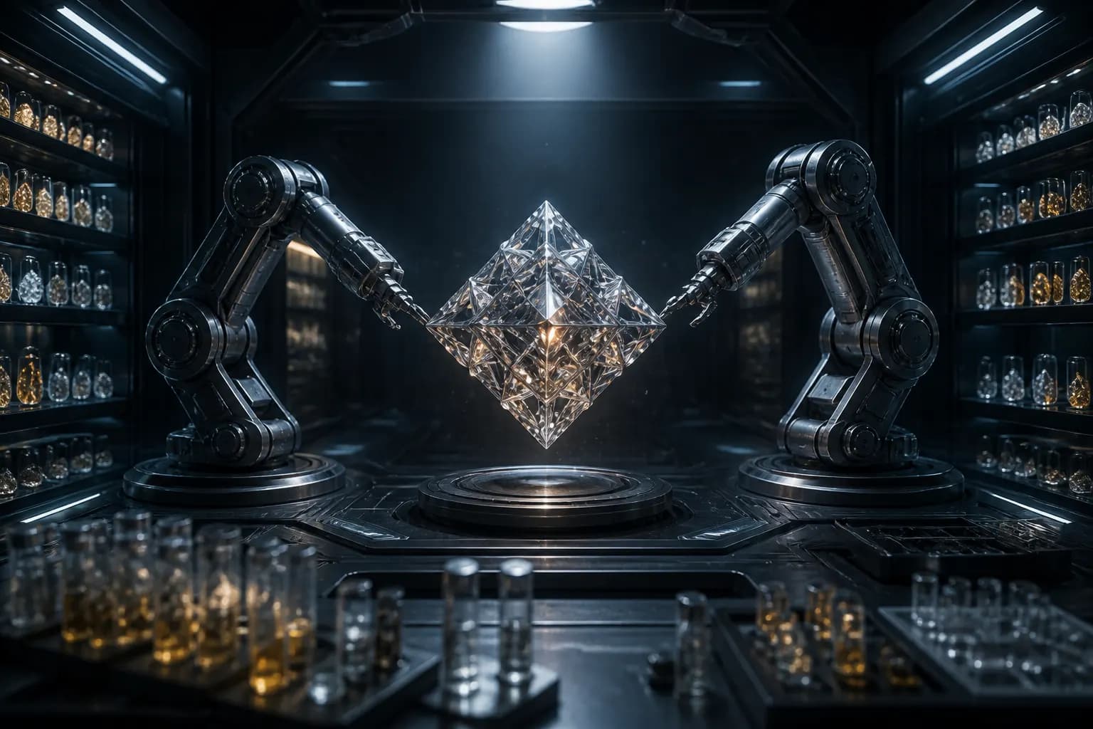 Robotic arms holding a glowing crystalline lattice in a characterization chamber.