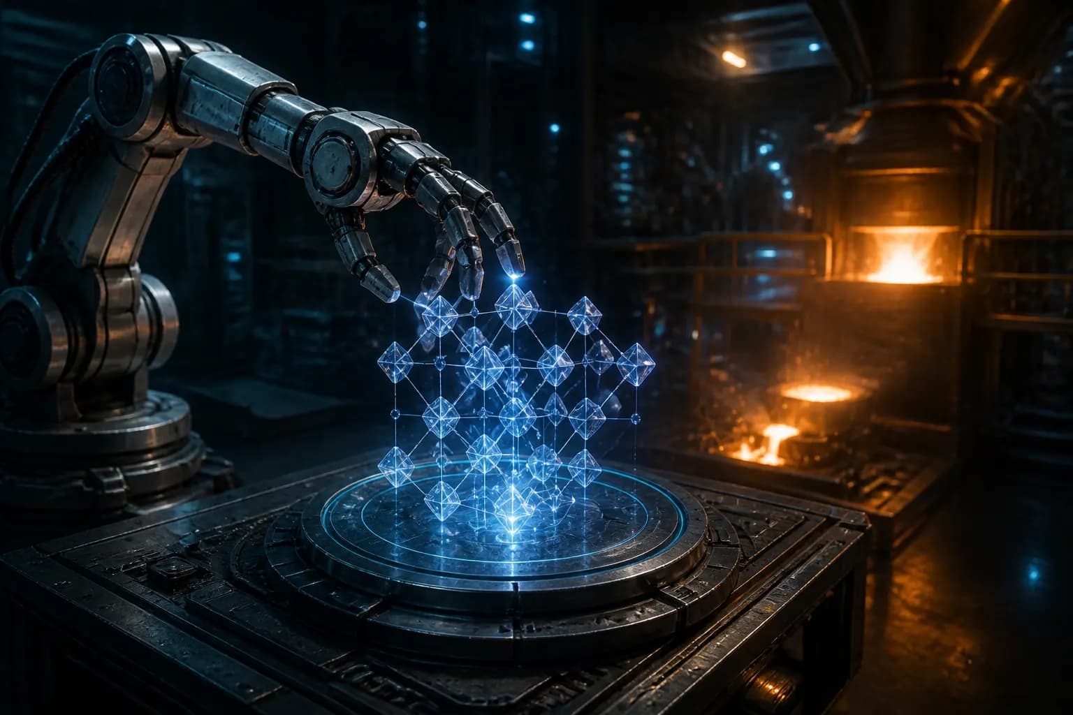 Robotic arm reaching a glowing crystalline lattice in a materials foundry.
