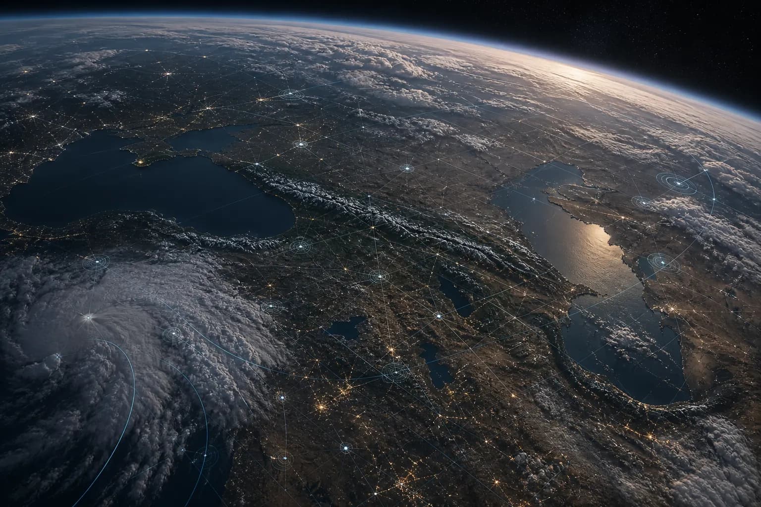 Earth from orbit with a restrained digital-twin overlay.